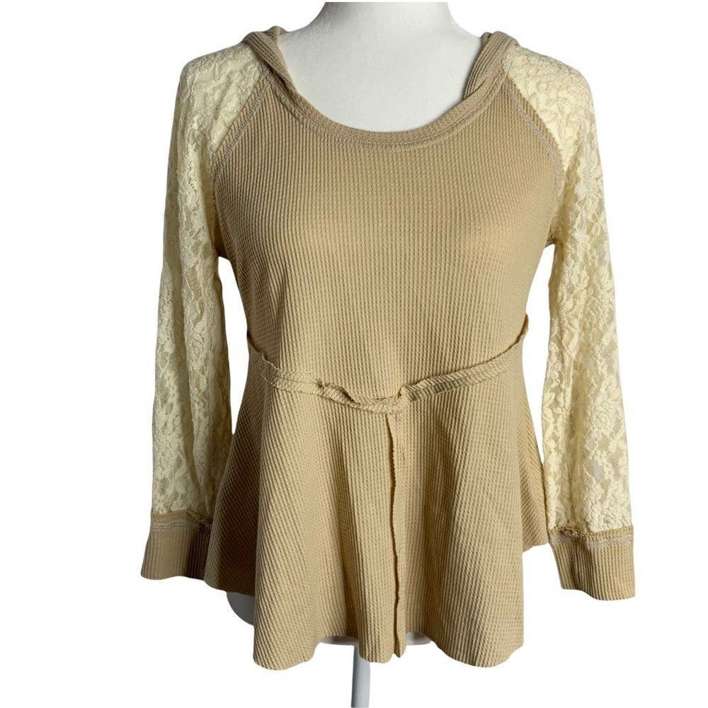 Miss Me Waffle Knit Hooded Shirt S Beige Floral Lace Sleeves Raw Seams Pullover
